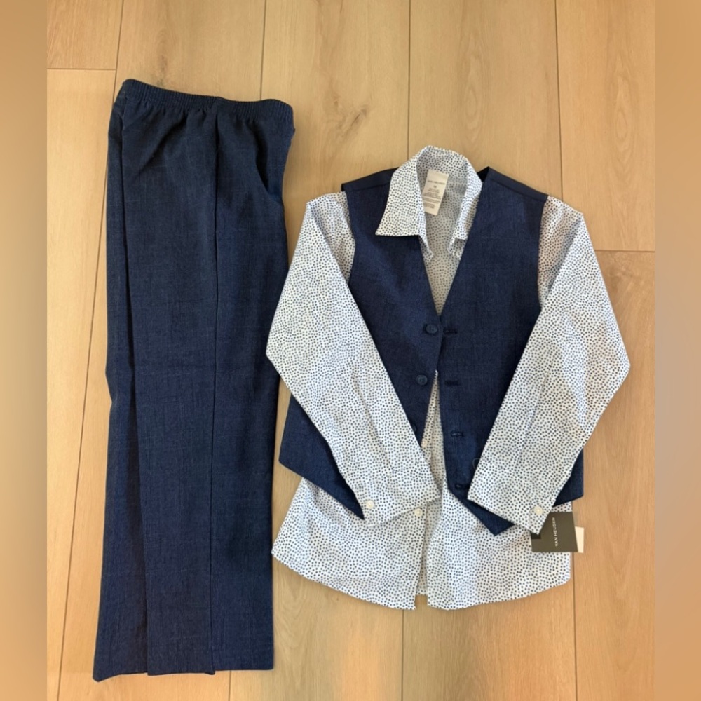 Boys Navy Blue Vest & Pants Set with White Patterned Shirt